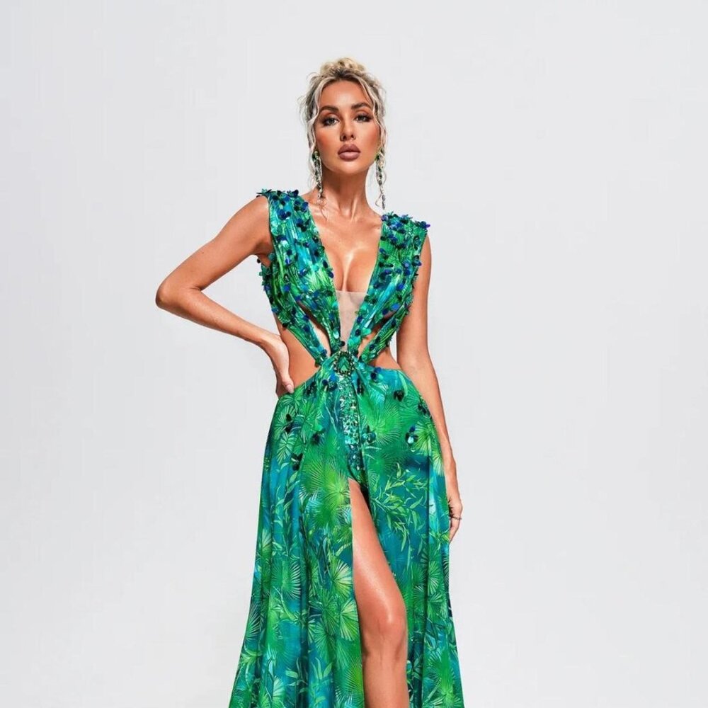 BELLA BARNETT Women's Summer Dress Deep V Neck Chiffon Floral Print JLo